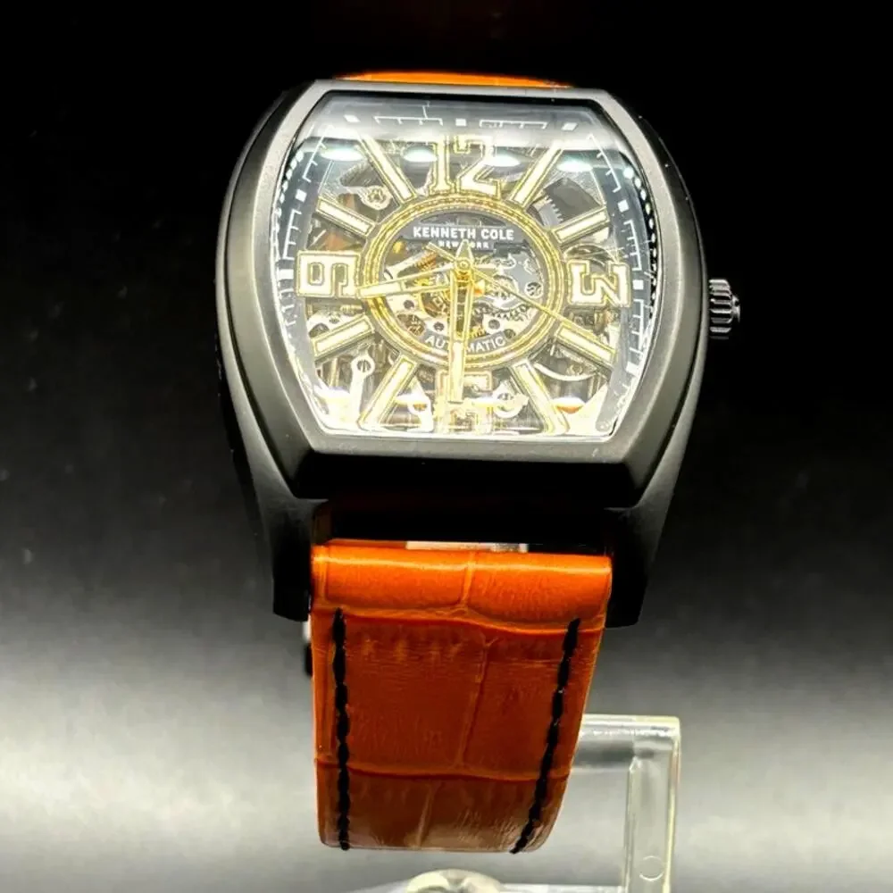 Kenneth Cole KC51083004 Automatic Skeleton Tonneau Leather Strap Men’s Watch
